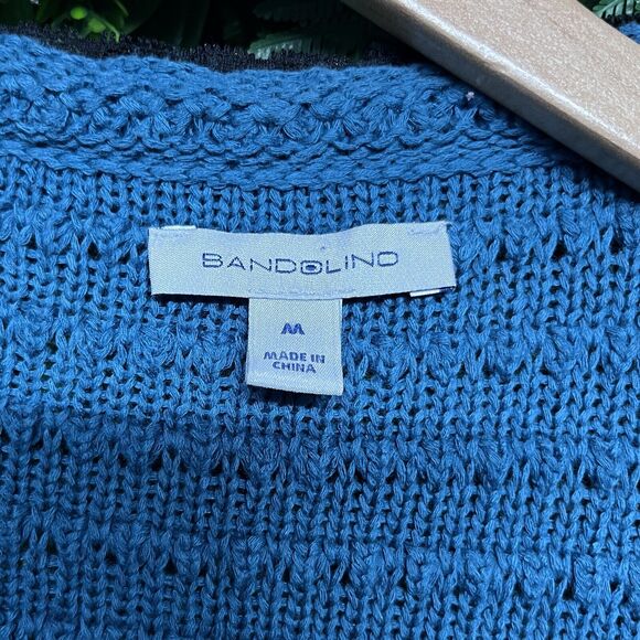 Y2K BANDOLINO Sweater Women Medium‎ Teal Blue Knit Cardigan Ribbon Lace 2076 - Picture 5 of 8